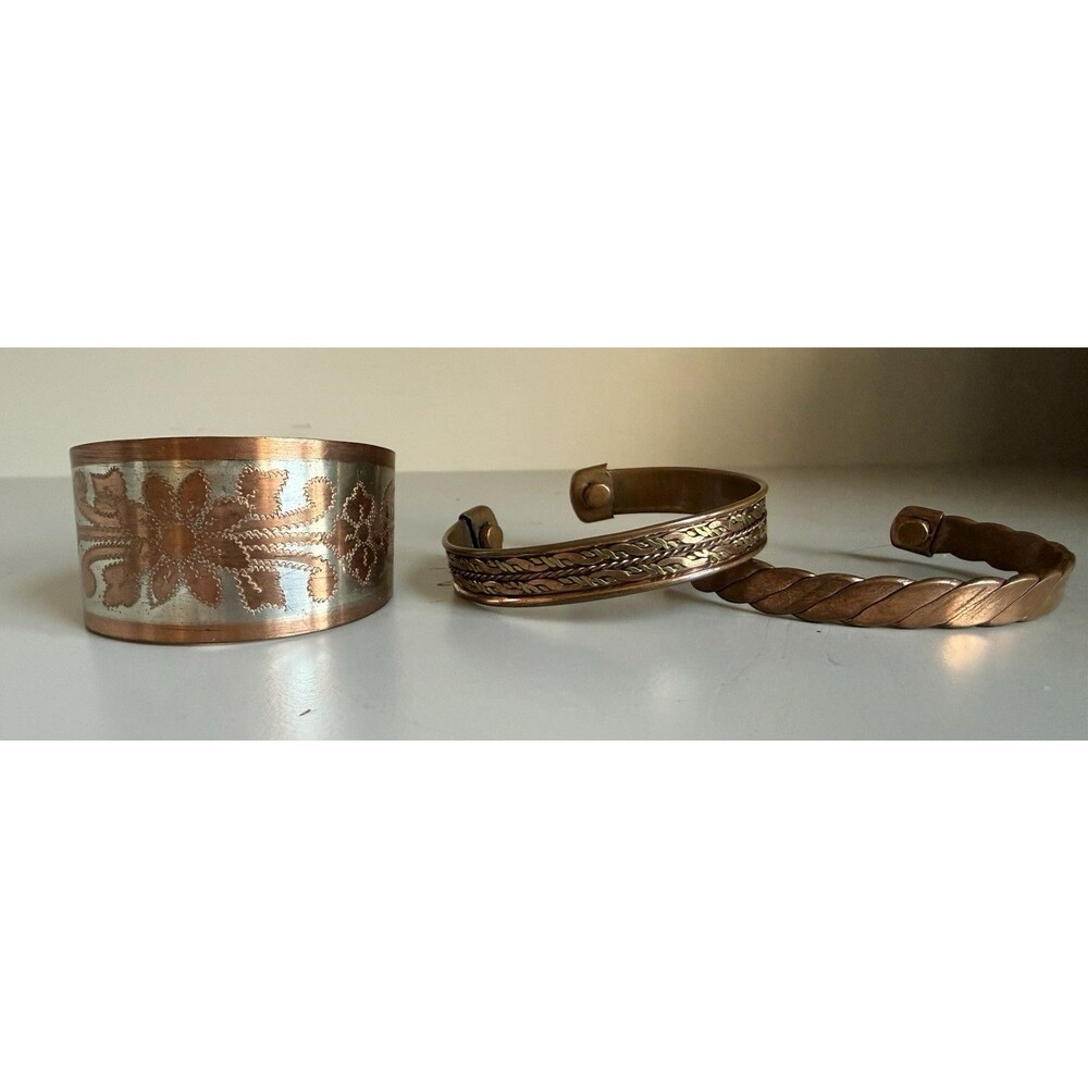 Vintage Solid Copper Cuff Bracelet Lot of 3 Etched Floral Southwestern Boho